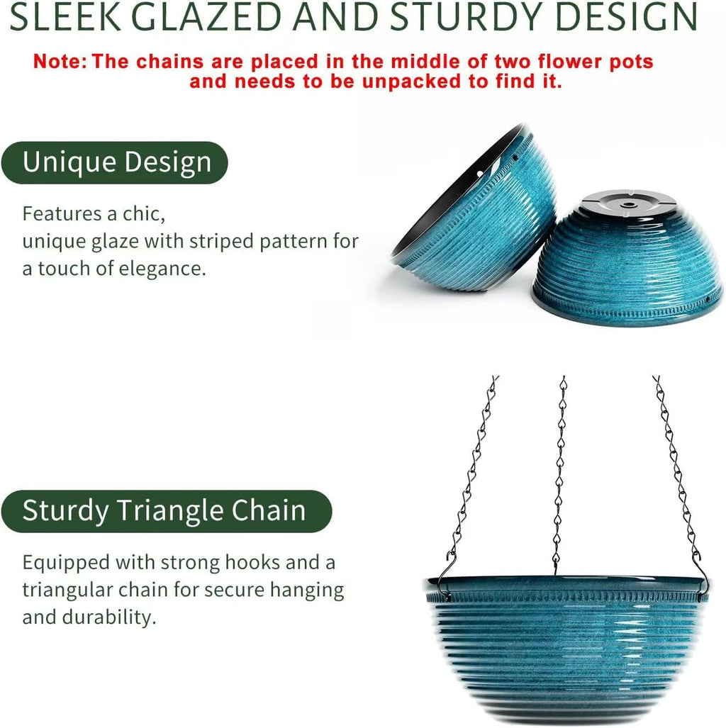 10 Inch Hanging Planters, Glazed Hanging Basket with Drainage Holes, 2 Pack | Ceramic-Look Hanging Flower Pots for