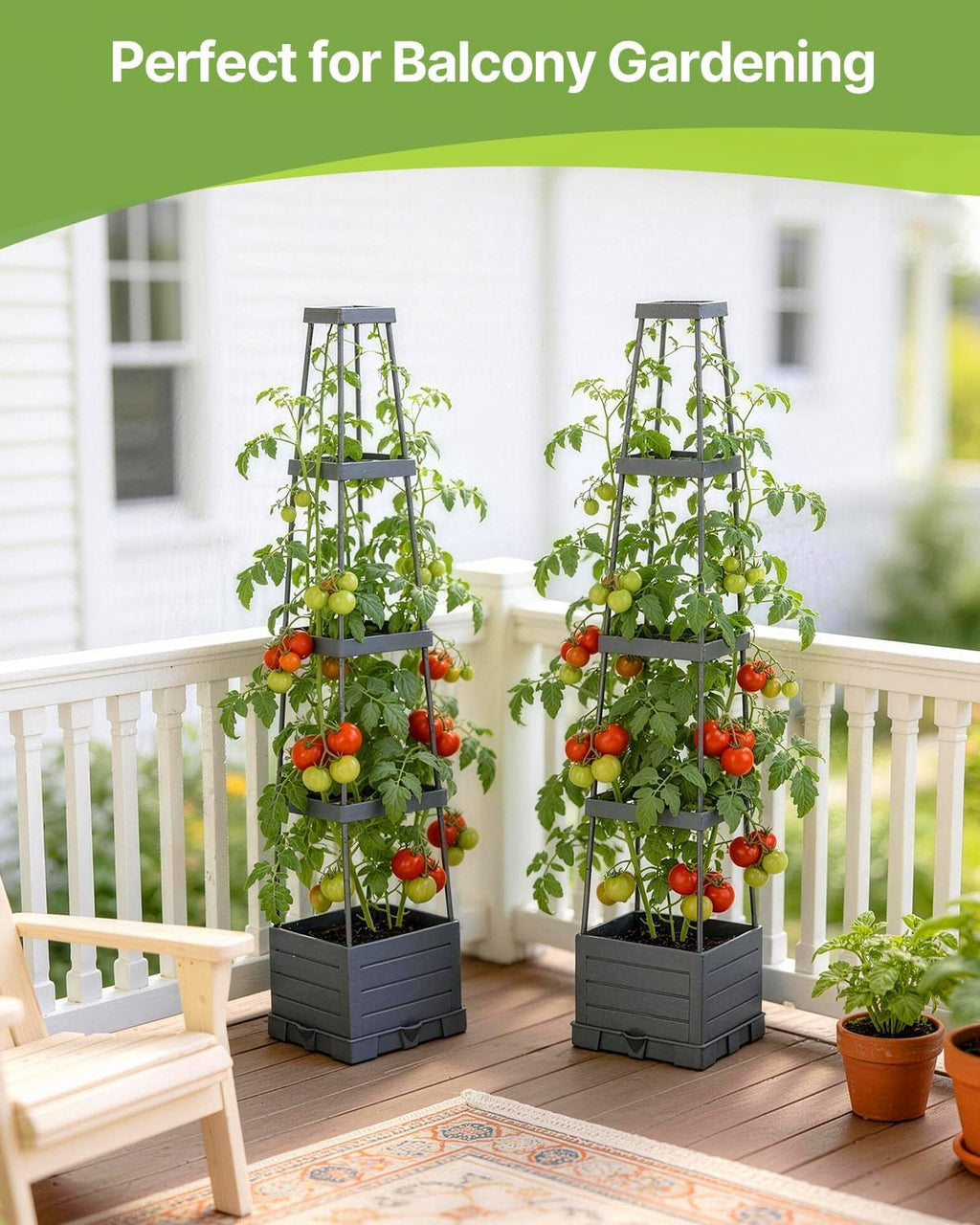Suteck Raised Garden Bed with Trellis, 2PK Self-Watering Tomato Planter Box | Adjustable Height Steel Support Frame for