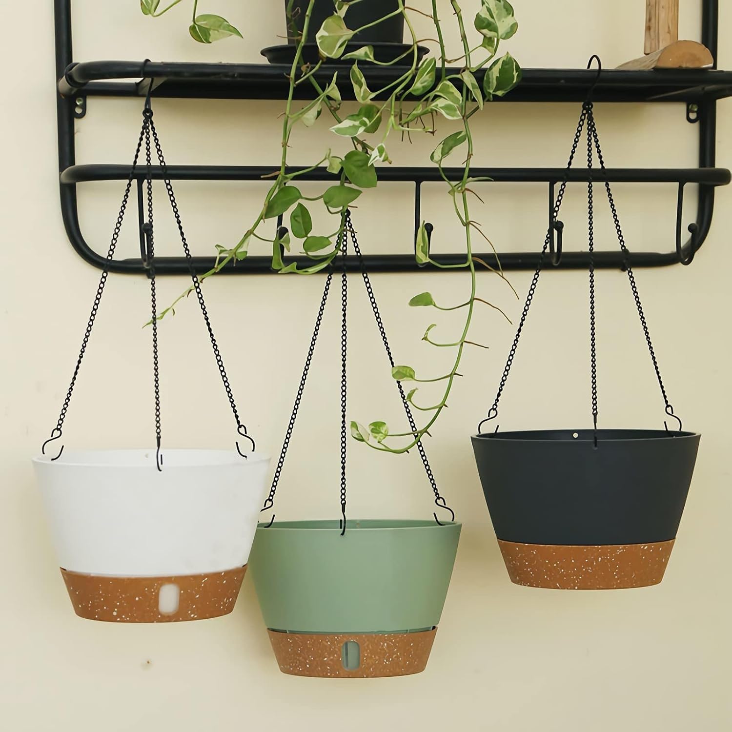 ZMTECH 2 Pack 10 Inch Hanging Baskets for Plants Outdoor Indoor, Modern Green Planters with Water Level Window & Metal