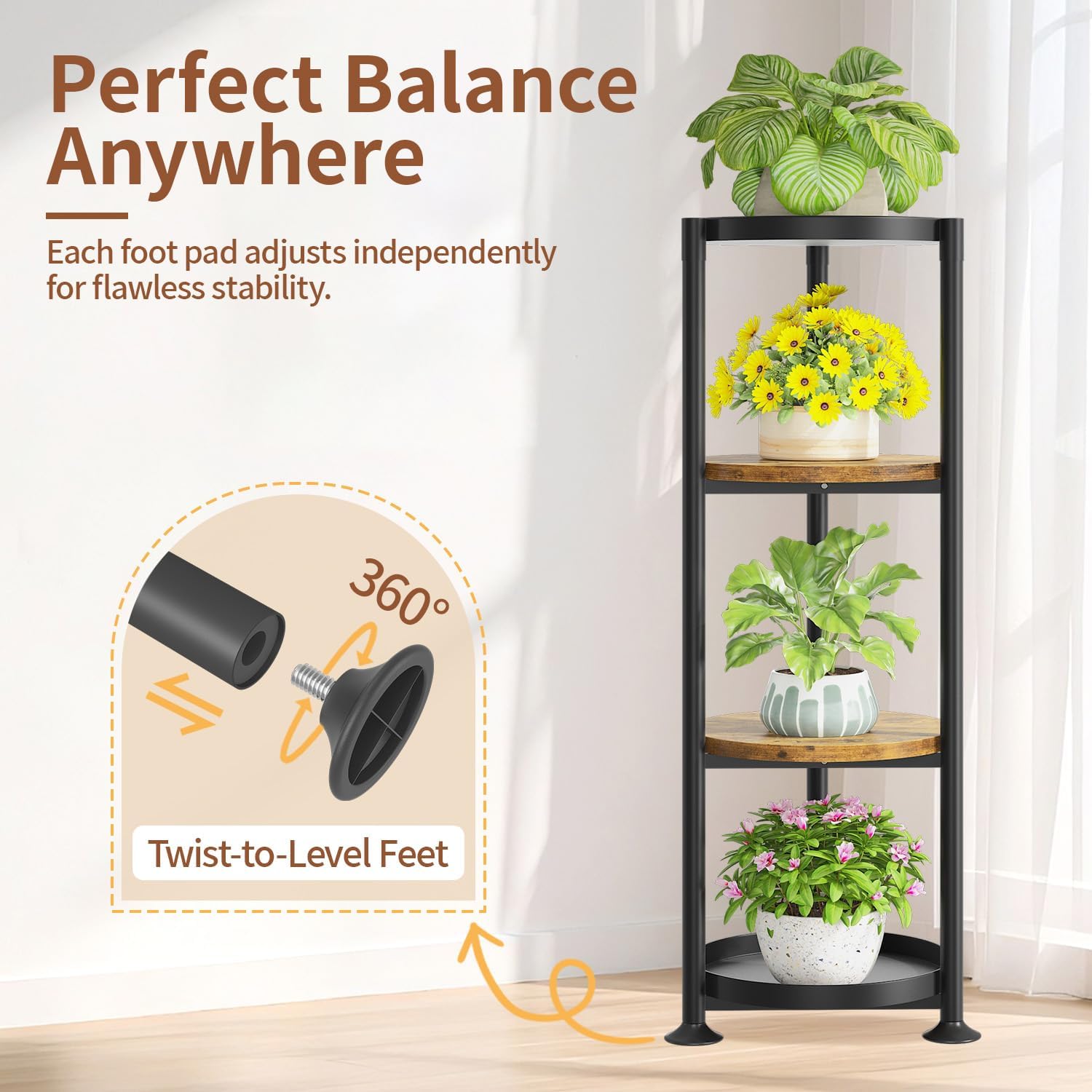 LASZOLA Plant Stand Tall Flower Holder for Indoor Corner, 4 Tier Black | Heavy Duty Metal Vertical Multi Level Shelf