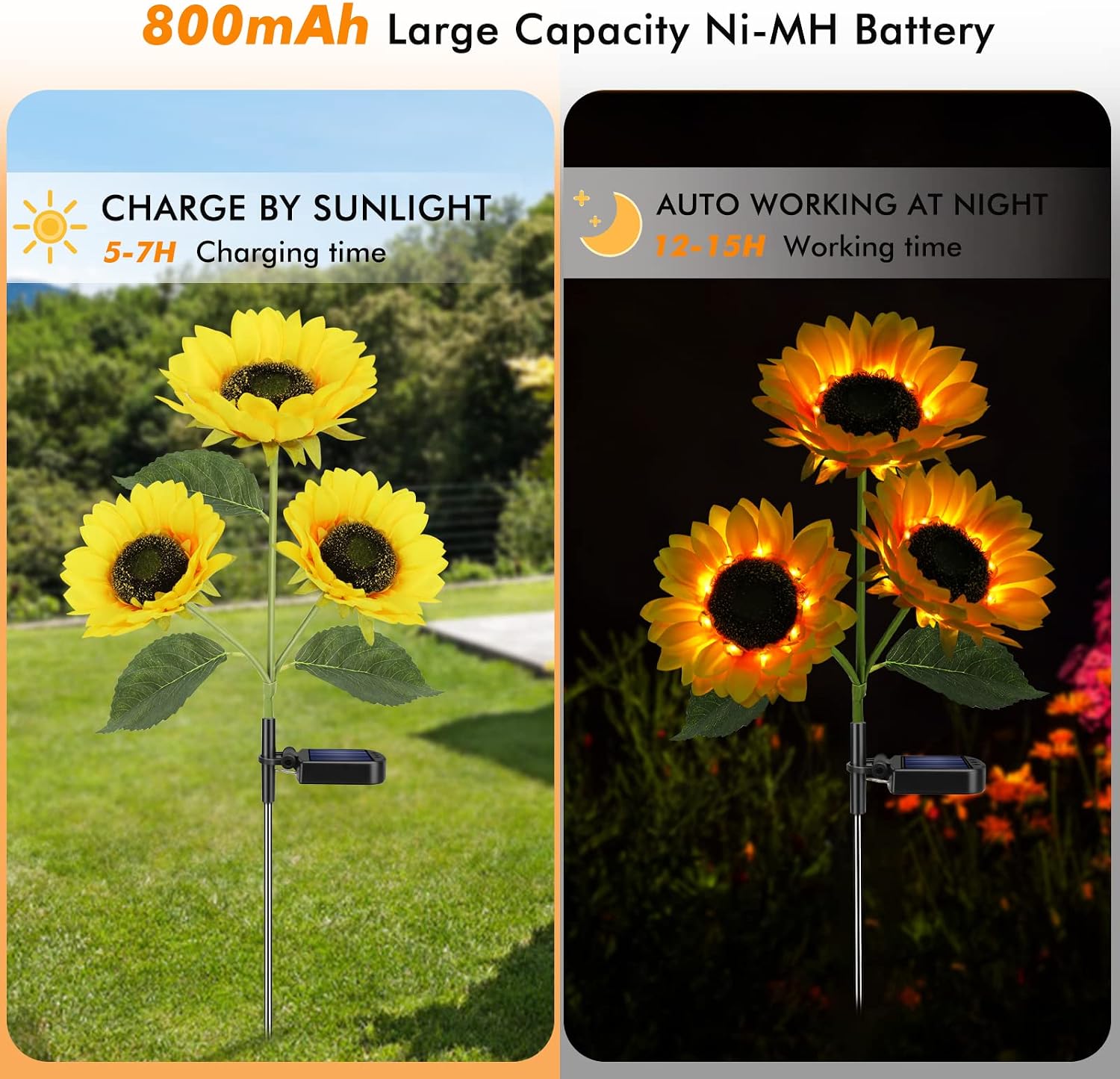 Solar Sunflower Lights Flowers Outdoor Waterproof for Yard Garden Cemetery | 800mA Real Looking Stake Flower Bed