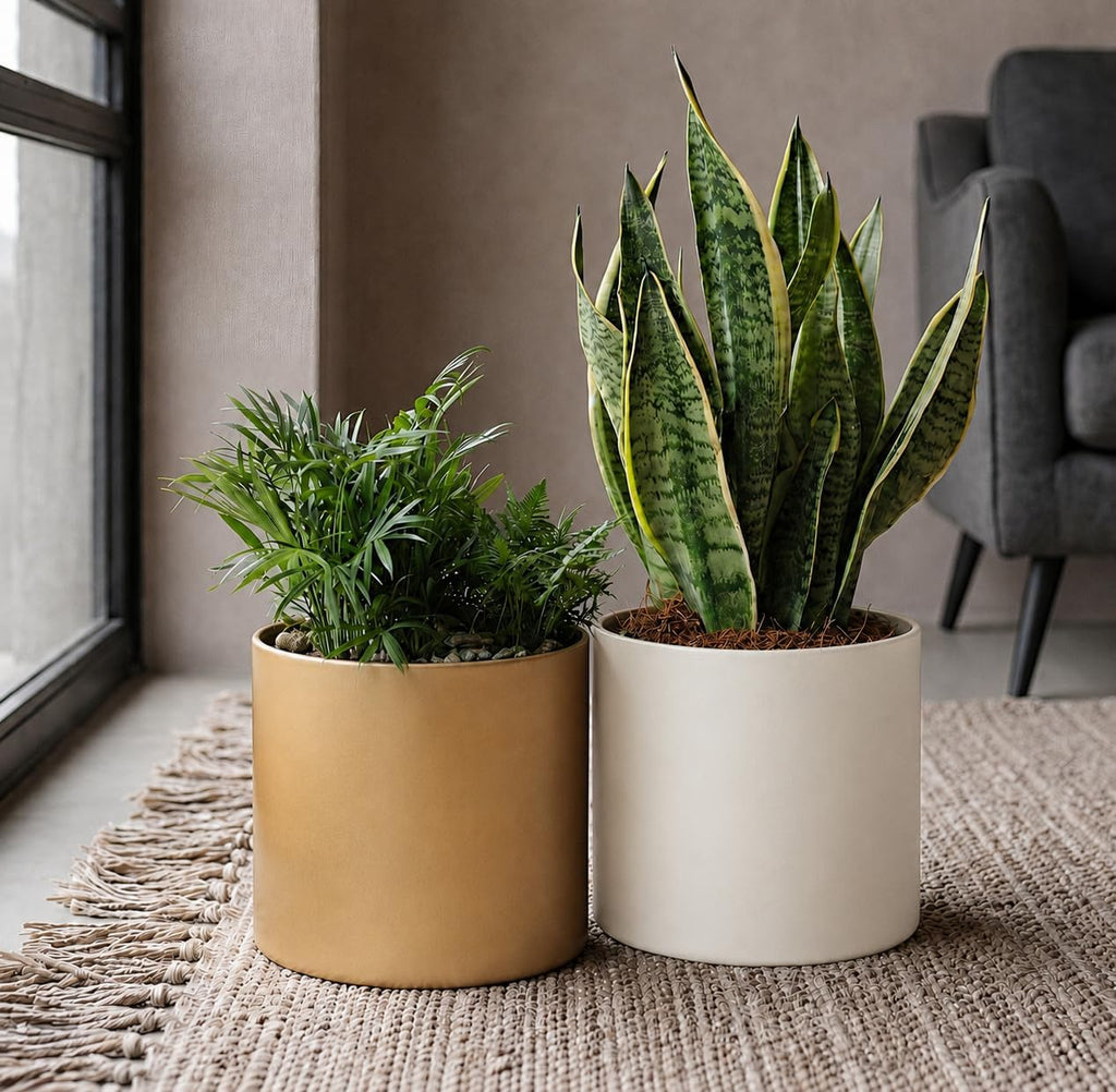 Beige Metal Plant Pot with Drainage Hole, 10 Inch Mid Century Pot Indoor Outdoor Planters for Succulents, Flowers &