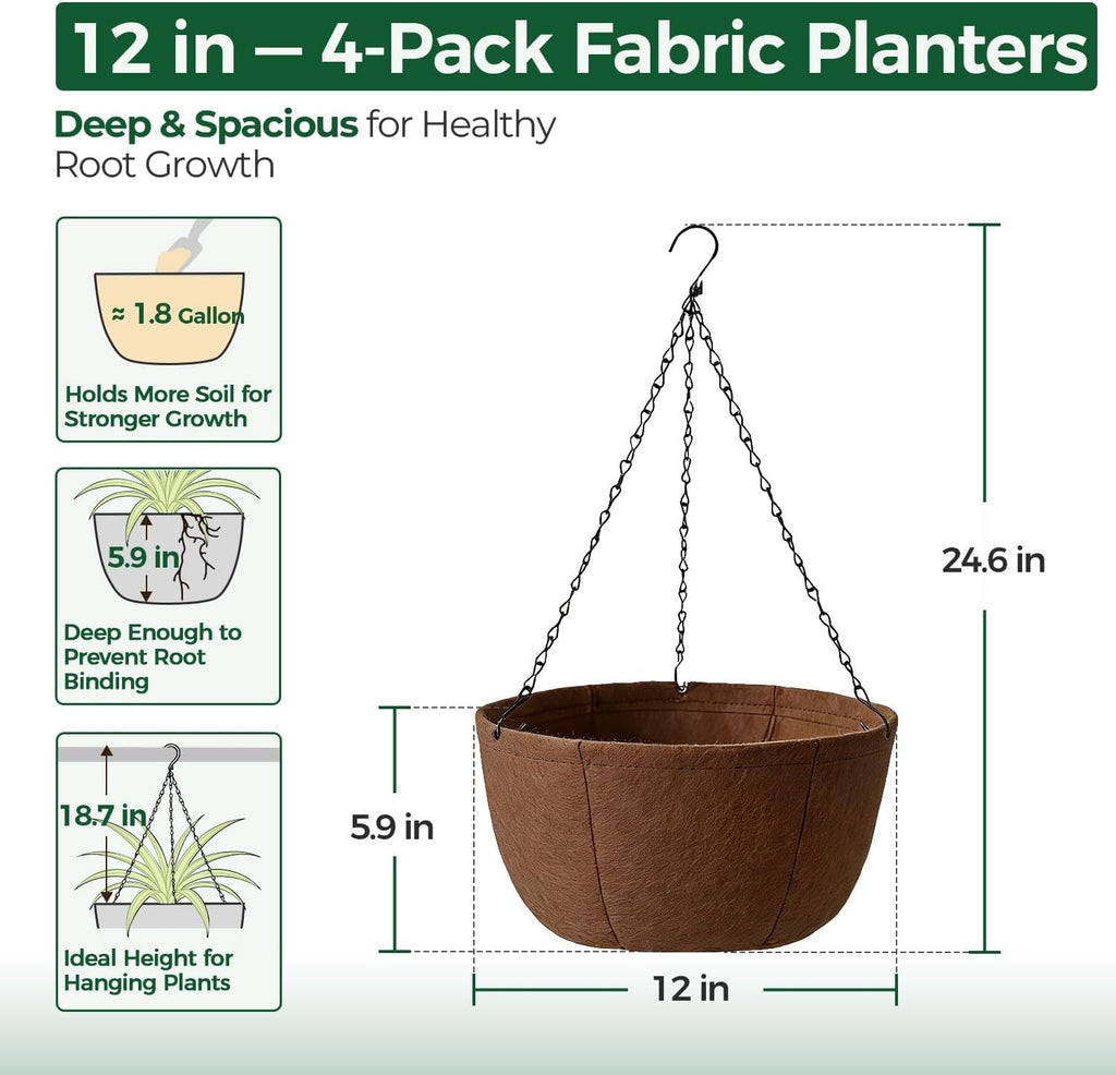 T4U Hanging Planter for Plants Outdoor 12 Inch, Fabric Pots 4 Pack | Breathable hanging grow bags with sturdy straps