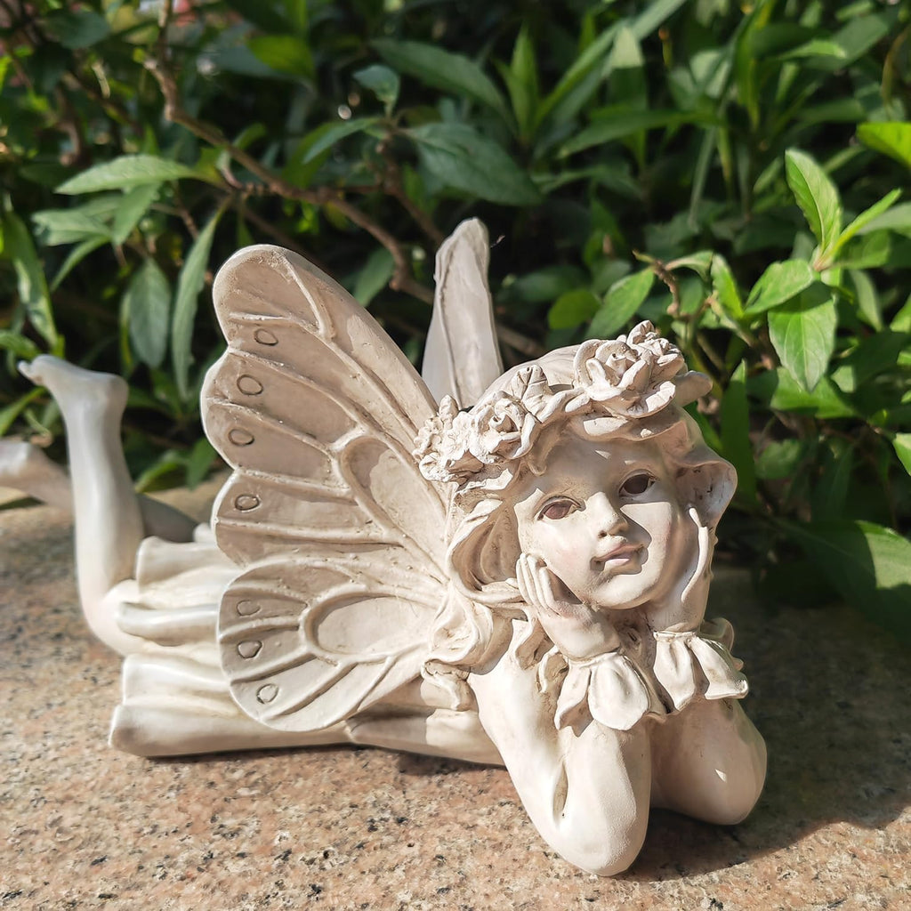 Laying Angel Garden Statue, Resin Fairy Figurine Outdoor Yard Decor | Whimsical Accent For Flower Beds, Patios, Shelves