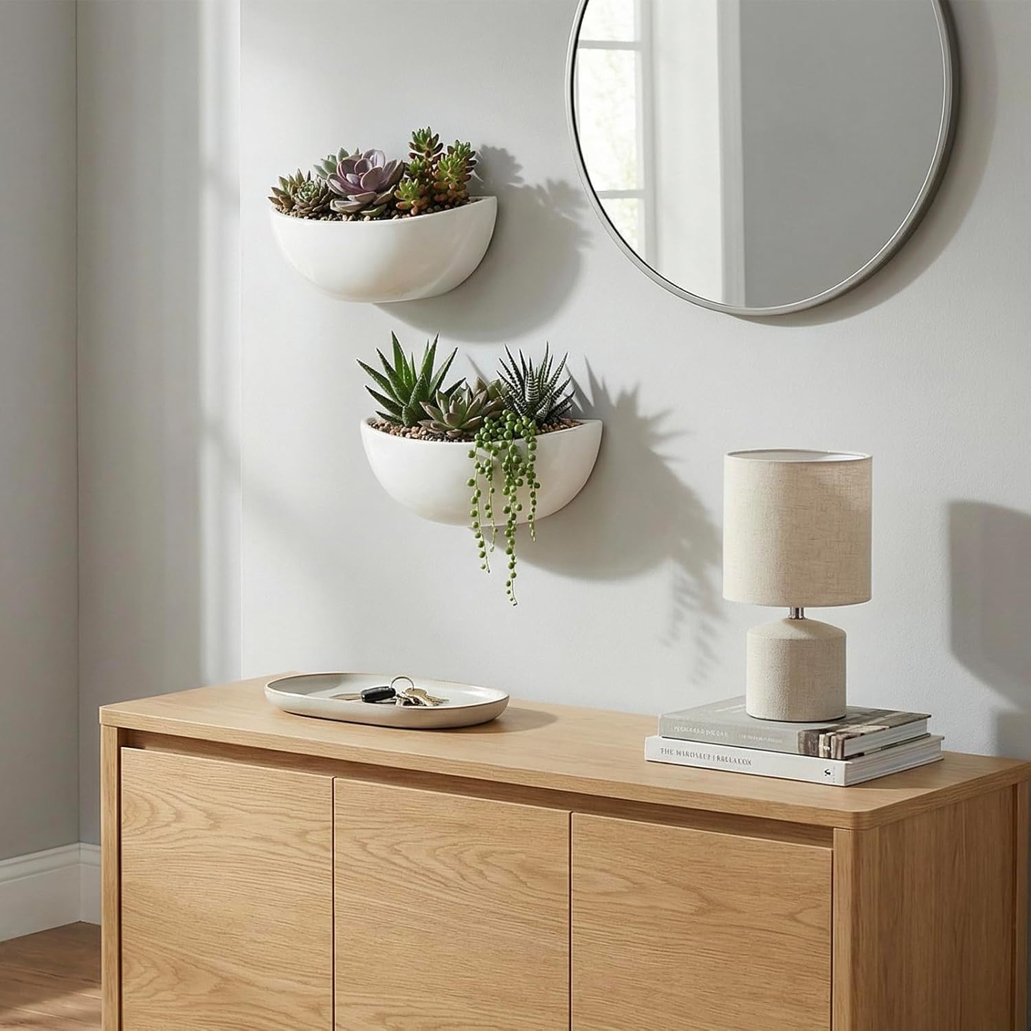 MyGift White Ceramic Wall Planters Half Bowl Hanging Vase Set of 2 | Half Bowl Shape, Space Saving Display, Easy Wall