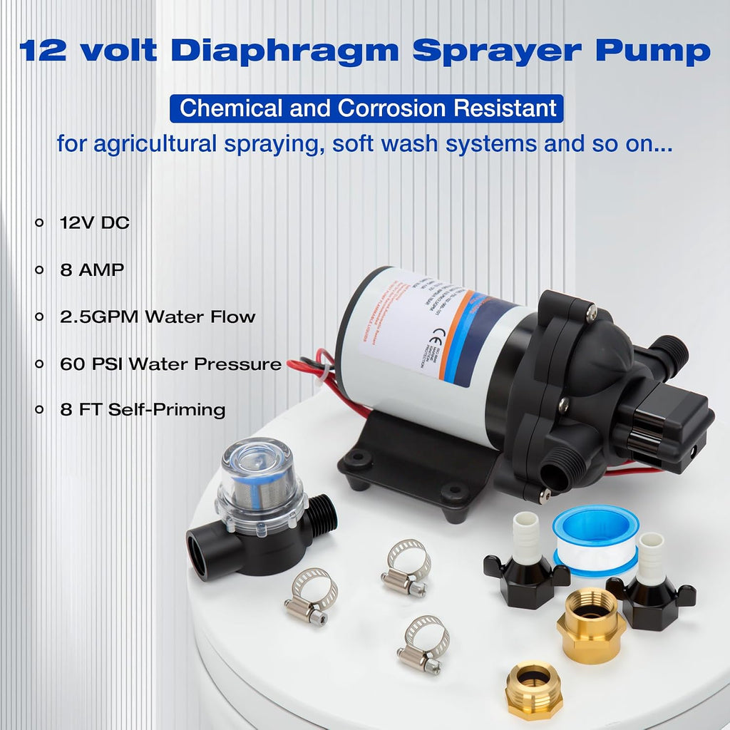 12 Volt Sprayer Pump, Chemical and Corrosion Resistant, 2.5GPM | 60PSI 8 Amps, Soft Wash Pump, Pressure Switch and