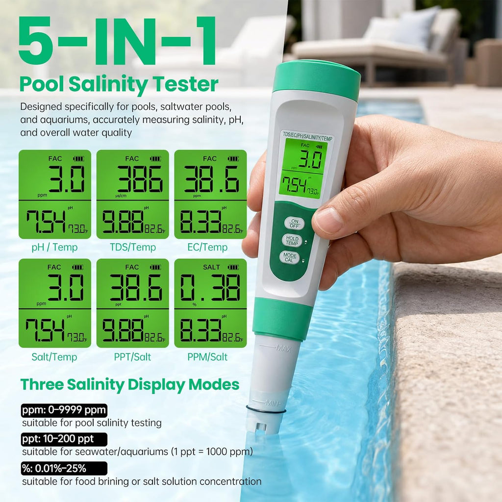 Salt Tester for Saltwater Pool & PH Meter, High Accuracy Pool Salt Tester, 5 in 1 Salinity PH Temp EC TDS Meter for