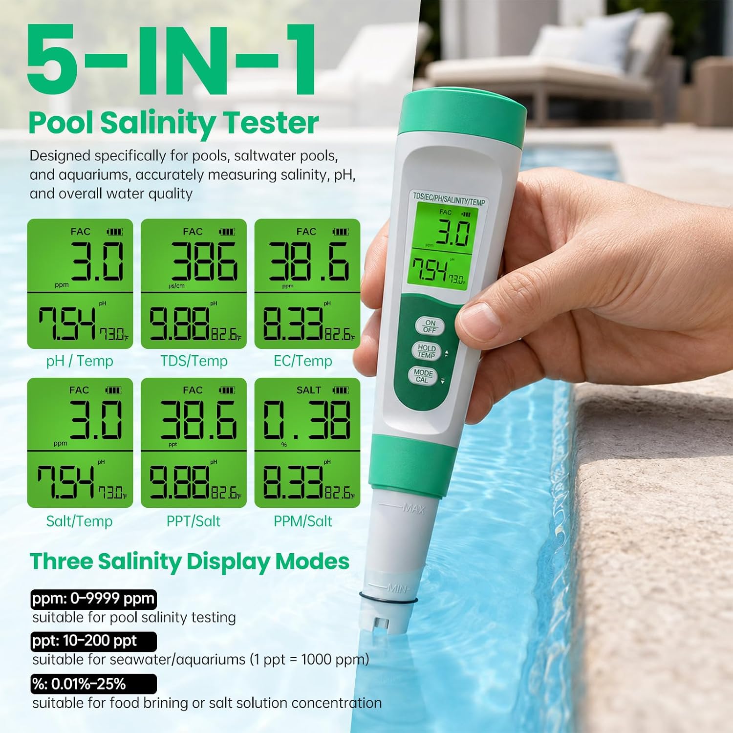 Salt Tester for Saltwater Pool & PH Meter, High Accuracy Pool Salt Tester, 5 in 1 Salinity PH Temp EC TDS Meter for