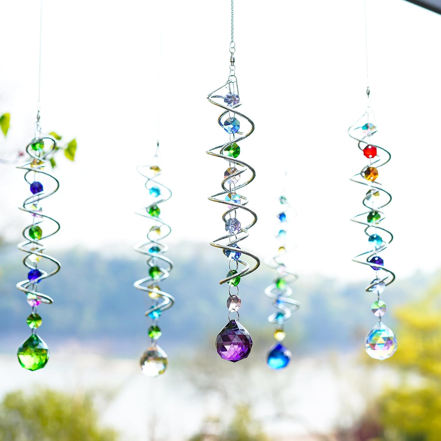 5 Pack Crystal Suncatcher Gazing Ball Spiral Wind Spinner Garden Decor | Crystal Sun Catcher Wind Spinner with Spiral