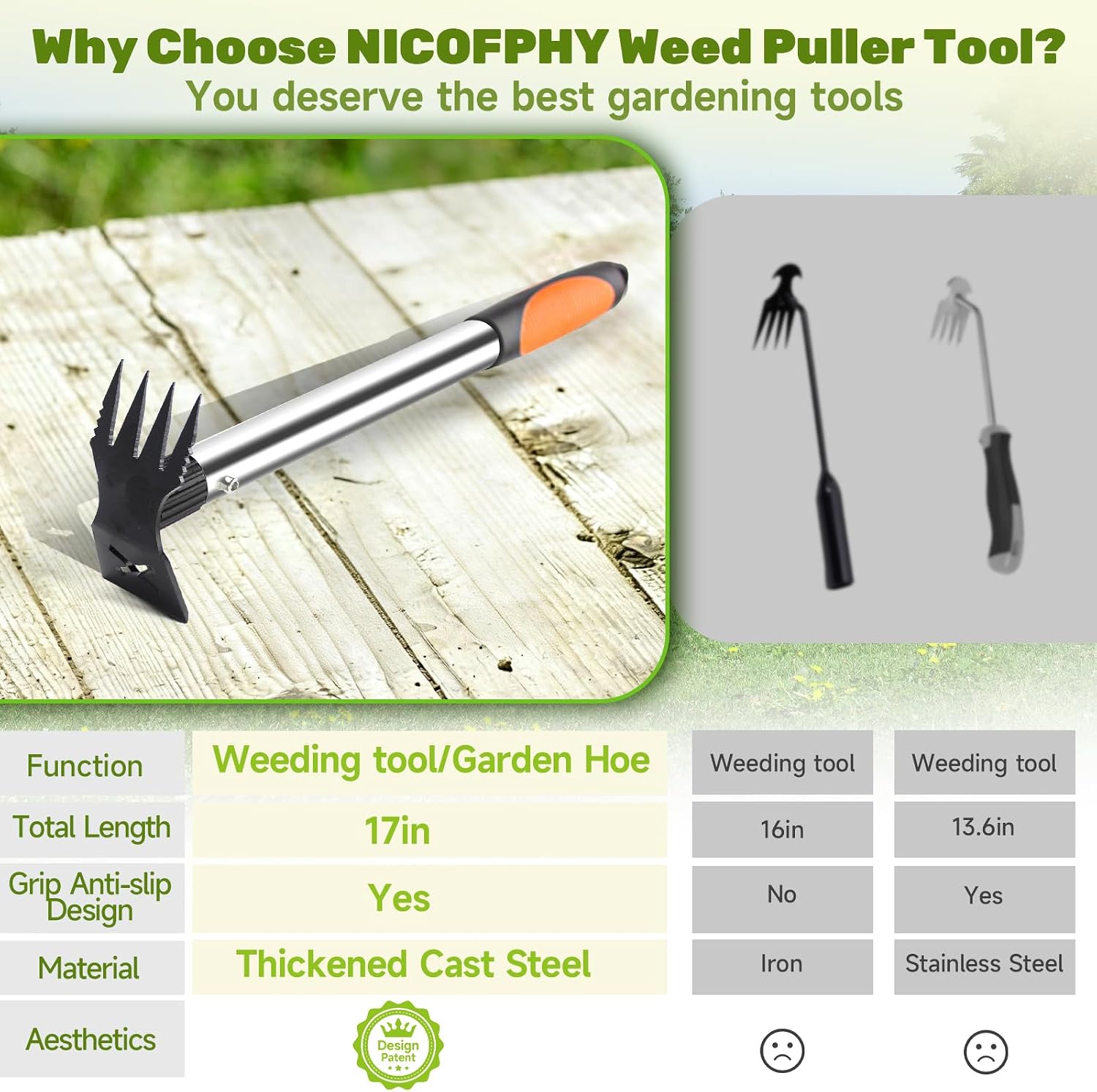 60" Weed Puller Tool with Long Handle and 17" Weeding Tools Gardening Set | Dual Side Hand Weed Rake and Hoe Garden