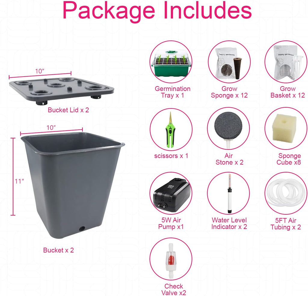 2 Hydroponic Buckets Kit for Plants, Hydroponics Growing System for Herbs/Tomato/Vegetables, DWC System with Air Pump &