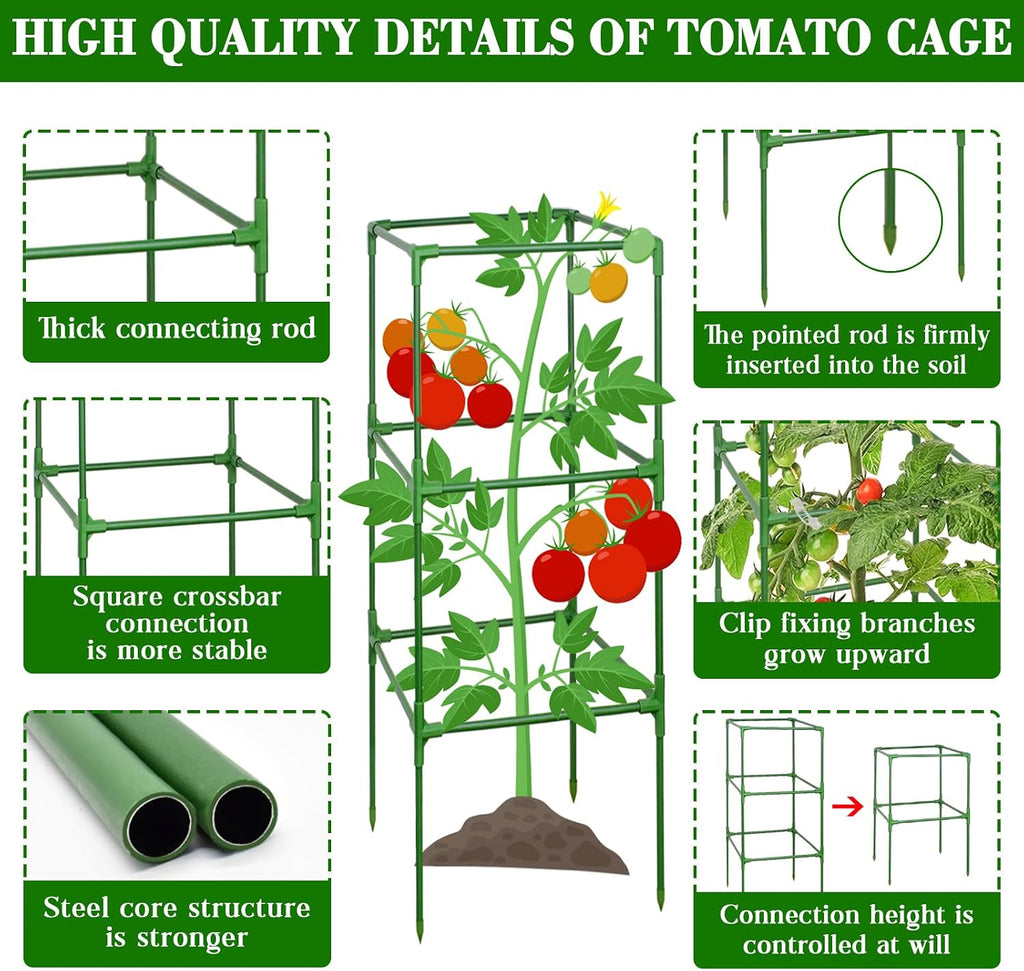 6 Pack 60 Inch Heavy Duty Tomato Cages for Garden with Clips | Square Tomato Trellis for Raised Garden Bed, Adjustable