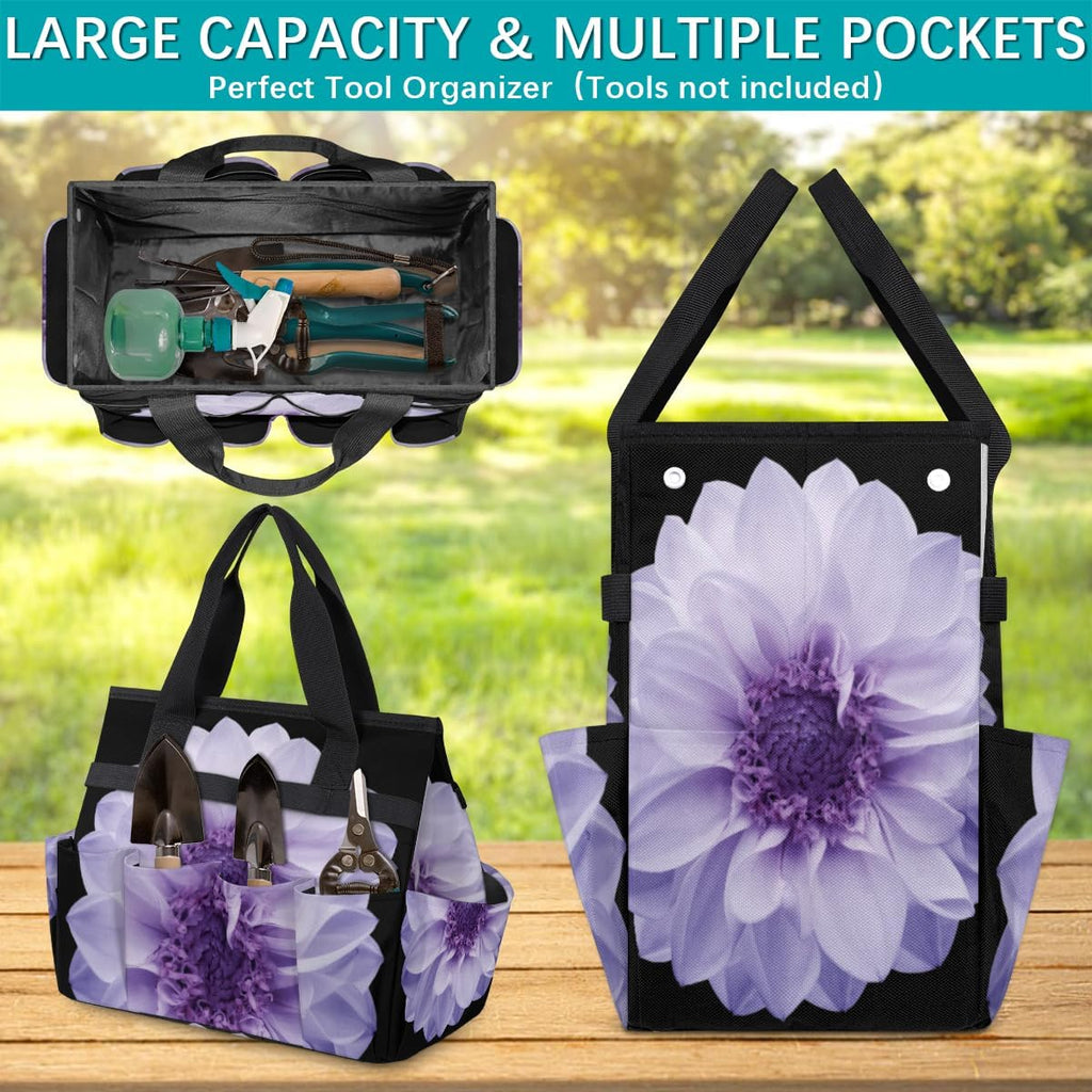 Purple Dahlia Garden Tool Bag Waterproof Gardening Tool Storage Bag with Handle & 10 Pockets Gardening Tote Bag for