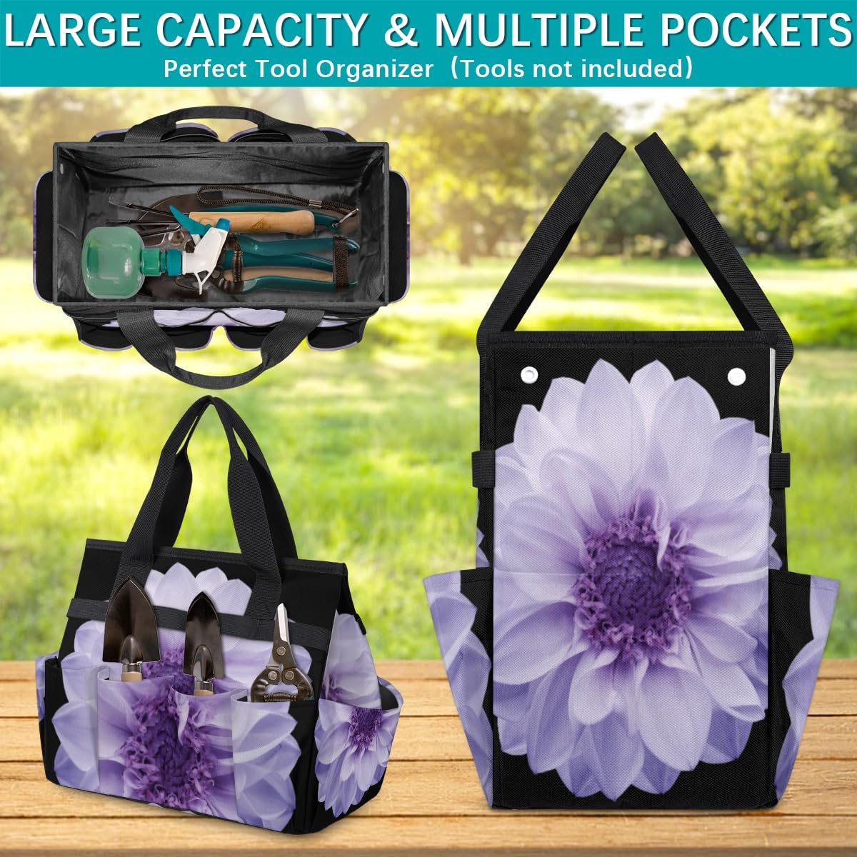 Purple Dahlia Garden Tool Bag Waterproof Gardening Tool Storage Bag with Handle & 10 Pockets Gardening Tote Bag for