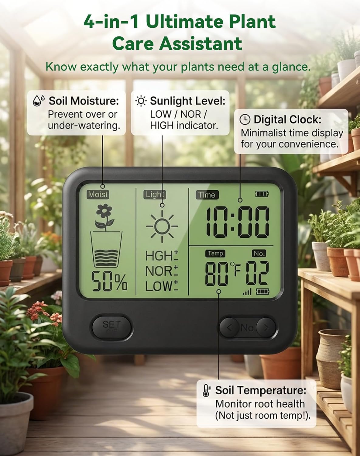 Nexuslab Wireless Soil Moisture Meter with LCD Receiver – 3‑Probe 3‑in‑1 Sensor (Moisture, Temperature, Light), 230 ft
