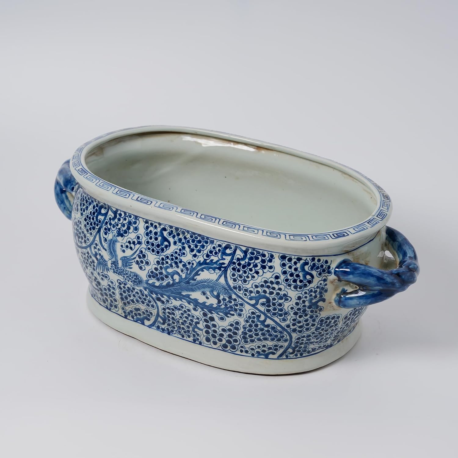 JINDEZHEN Vintage Blue and White Flower & Birds Porcelain Footbath Planter Chinoiserie Scenery Motif Ceramic Flower Pot