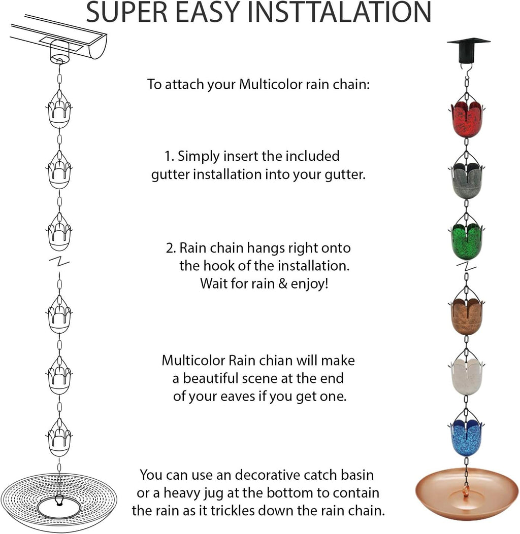 9FT Lotus Iron Rain Chain for Gutters and Rain Barrel+Adapter, 6Colors | Rain Chains for Downspout, Rust-Prevent
