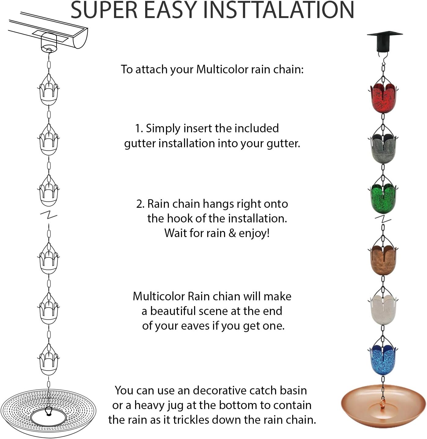 9FT Lotus Iron Rain Chain for Gutters and Rain Barrel+Adapter, 6Colors | Rain Chains for Downspout, Rust-Prevent