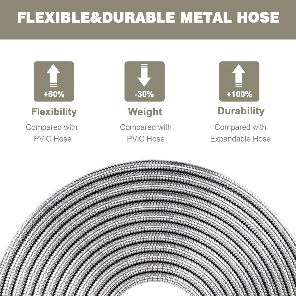 Omont Metal Garden Hose 50FT, Heavy Duty 304 Stainless Steel Water Hoses with Nozzle, Flexible Garden Hose