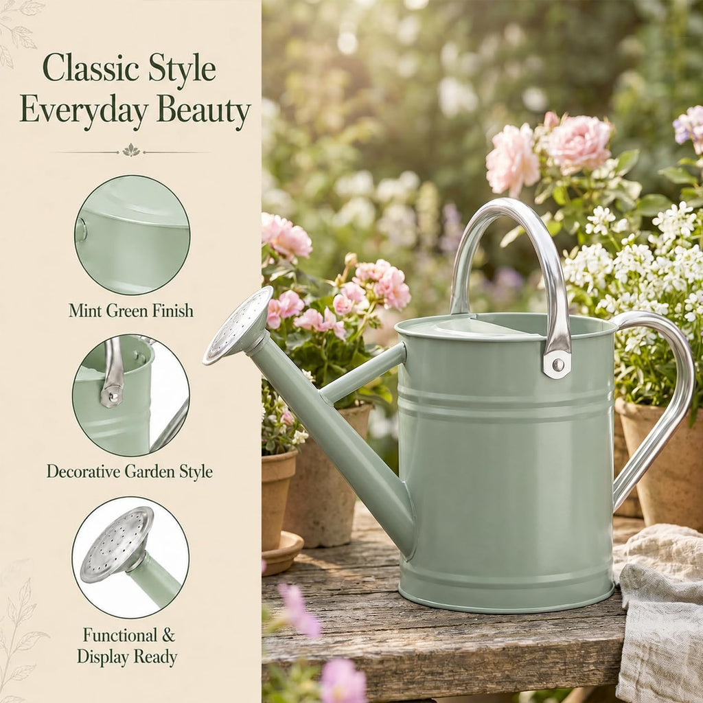 1 Gallon Metal Watering Can for Indoor Outdoor Plants, Cream Green | Removable spout switches between gentle shower and