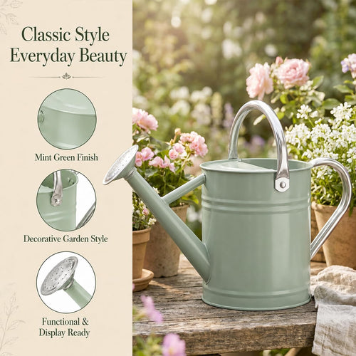 1 Gallon Metal Watering Can for Indoor Outdoor Plants, Cream Green | Removable spout switches between gentle shower and