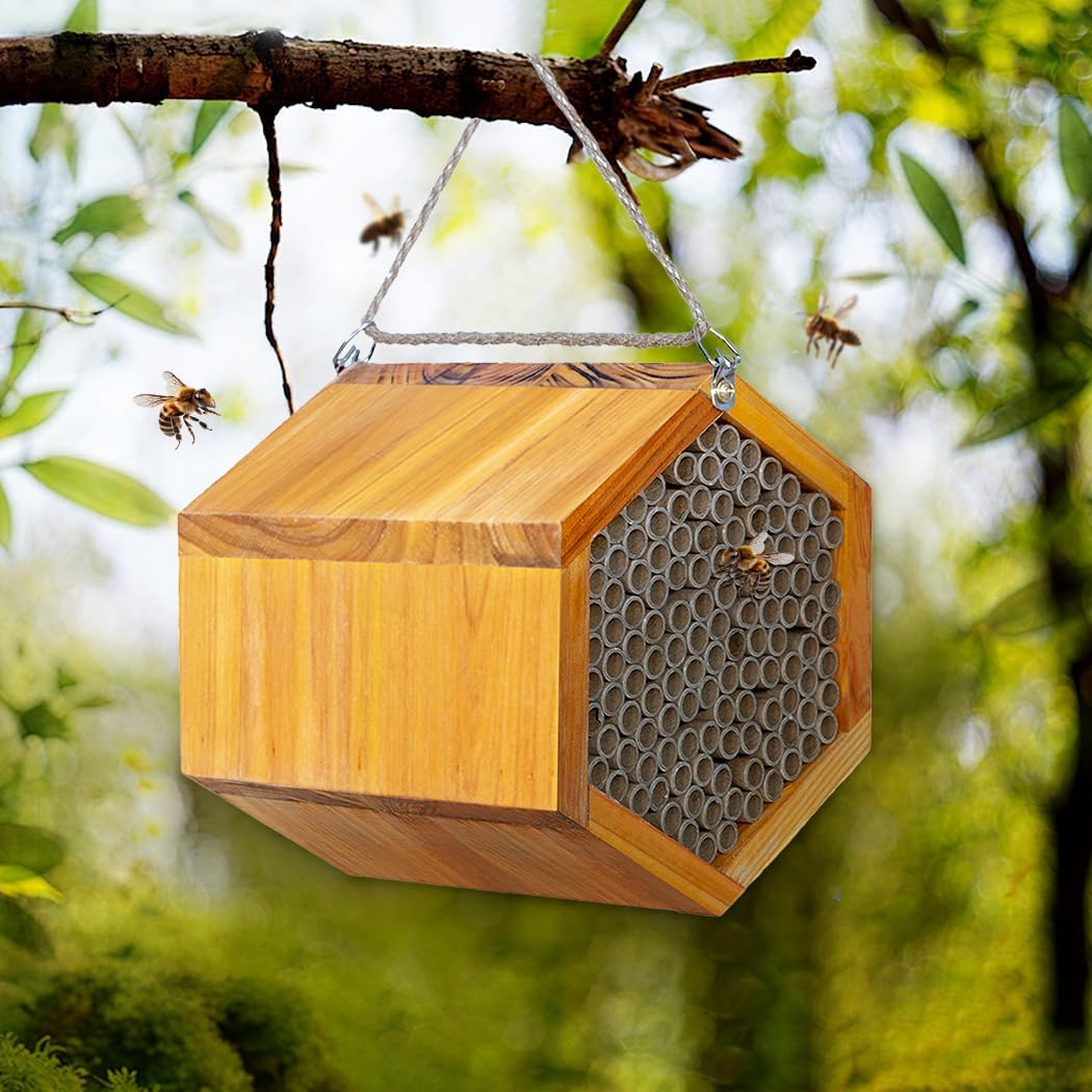 Mason Bee House - Handmade Natural Wooden Bee Hive Coated with Wax for Water-Proof and Long Service Life - Attracts