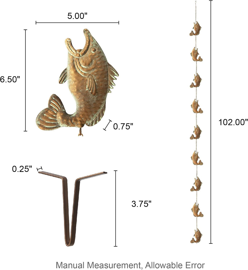 Glitzhome 8.5 FT Fish Shaped Rain Chains, Faux Copper Patina Finish Rain Chains for Gutters with 9 Fish, Adjustable