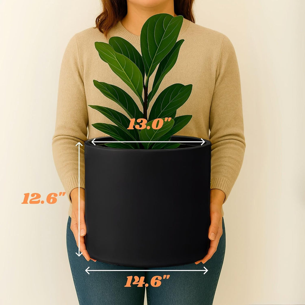 Fox & Fern Large Planter for Indoor or Outdoor, Matte Black, 14.6 Inch | UV & Frost Resistant, 70% Lighter than
