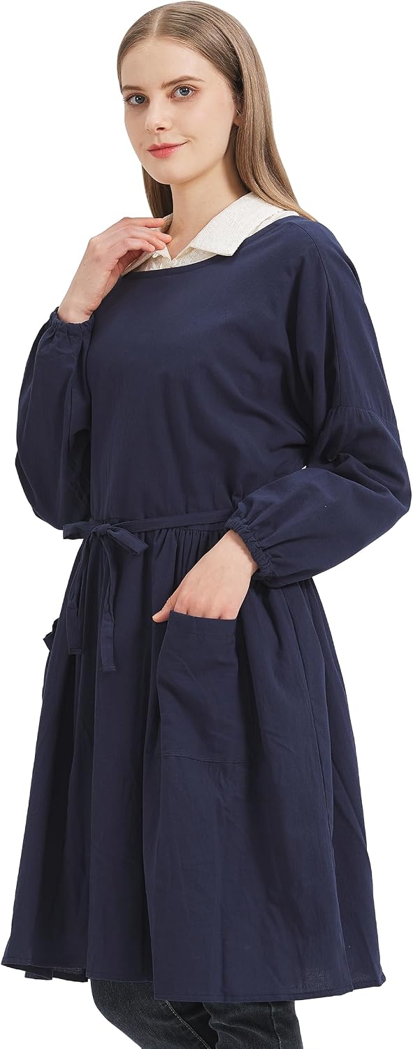 Nanxson Cotton Linen Apron Women's Long Sleeve Apron for Cooking,Gardening | Long waist strap,stickers on back,elastic