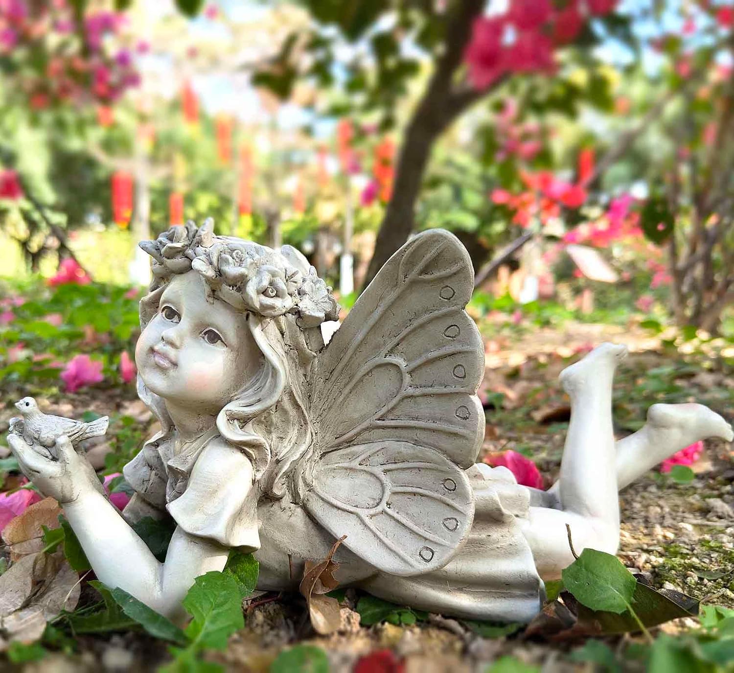 Fairy Garden Decor, Angel Holding a Bird Garden Statues for Outside | Resin Fairies for Fairy Garden, Cute Yard