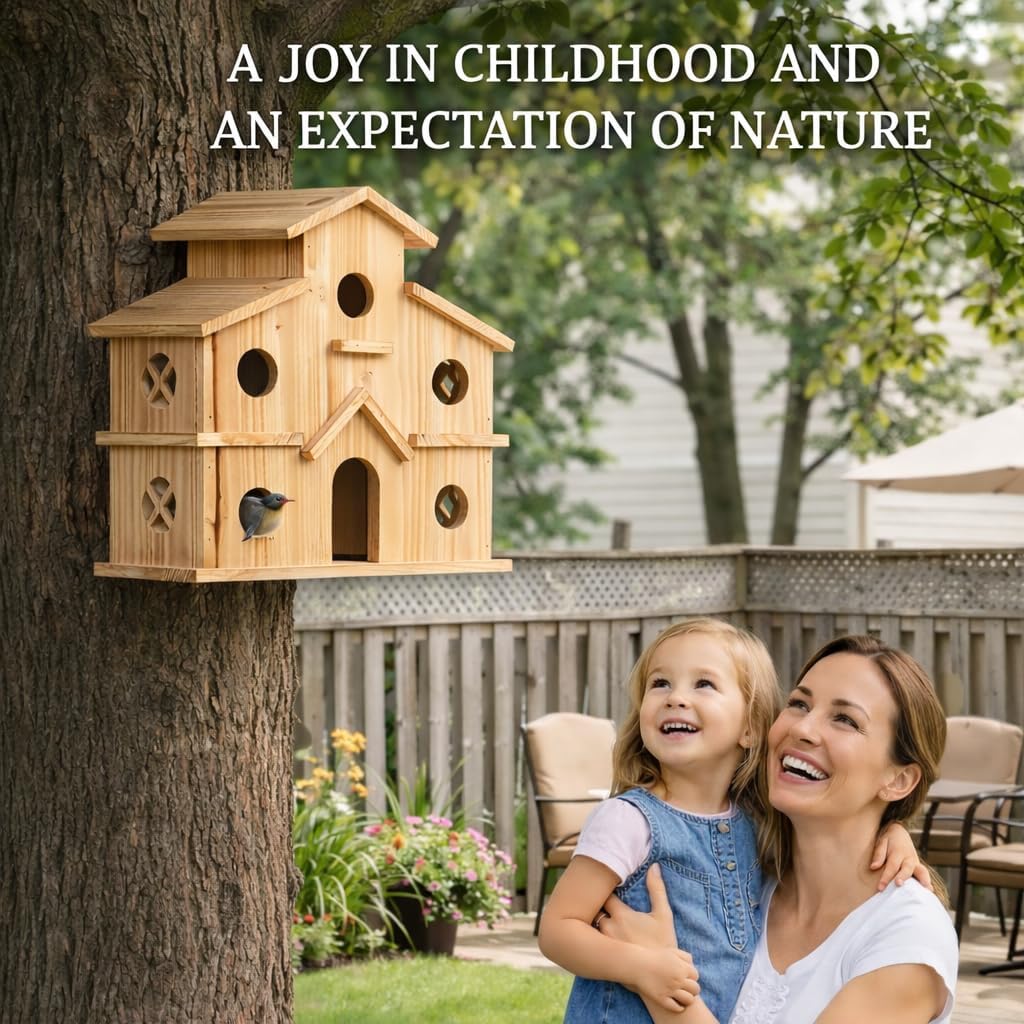 Bird Houses for Outside, 6-Holes Multi-Chamber Birdhouse for Finches Wrens Chickadees, 1.37" Entrance Holes, Decorative