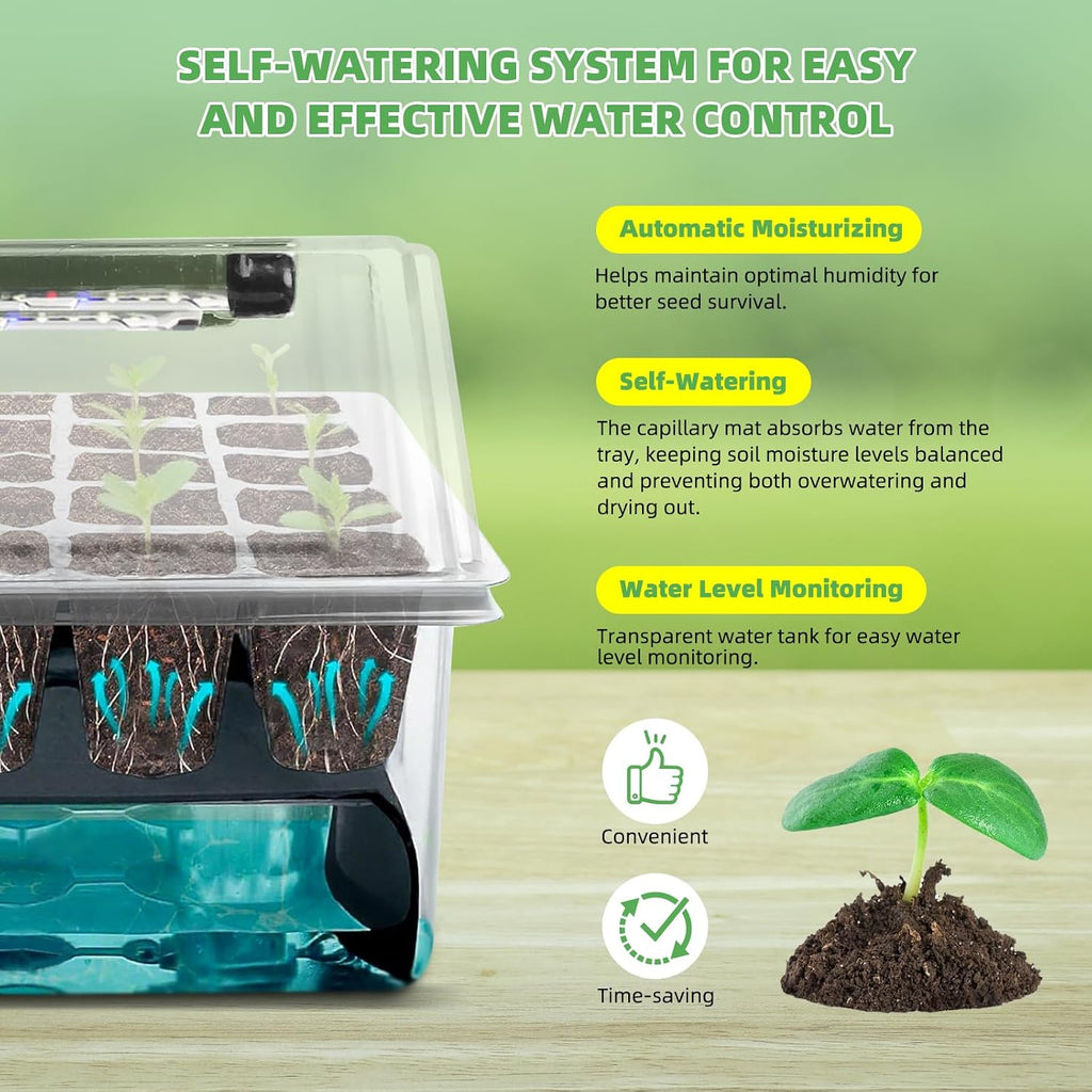 120-Cell Self-Watering Seed Starter Tray with Grow Light, 1–24H Timer, Humidity Dome, Soil pH Meter, Gloves, Seedling