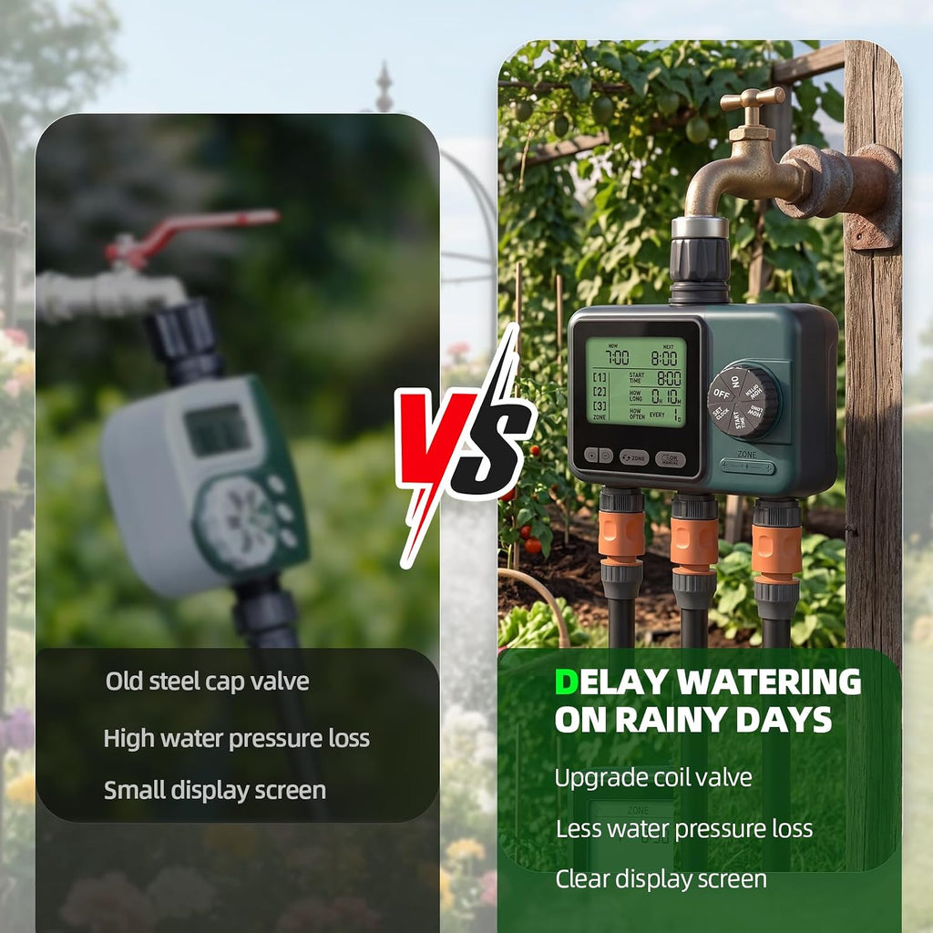 3 Zone Sprinkler Timer,3 Custom Watering Plans Hose Time, IP65 Waterproof, Rain Delay Manual & Automatic Watering with