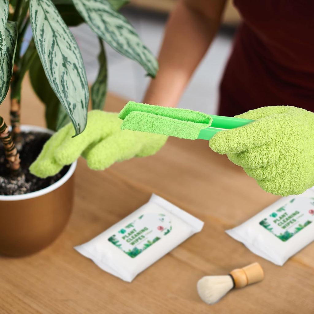 20 Pcs Plants Cleaning Set Include 1 Pair Dusting Gloves 14 Based Wipes 1 Leaf Cleaning Tong with 3 Removable
