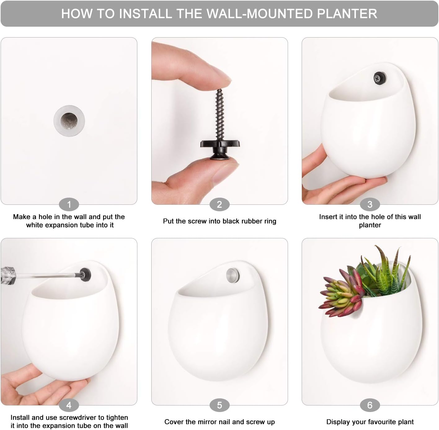 Mkono Wall Planter Ceramic Hanging Pot with Artificial Fake Plants, 3 Pack | 8 Realistic Succulents Included,White Air