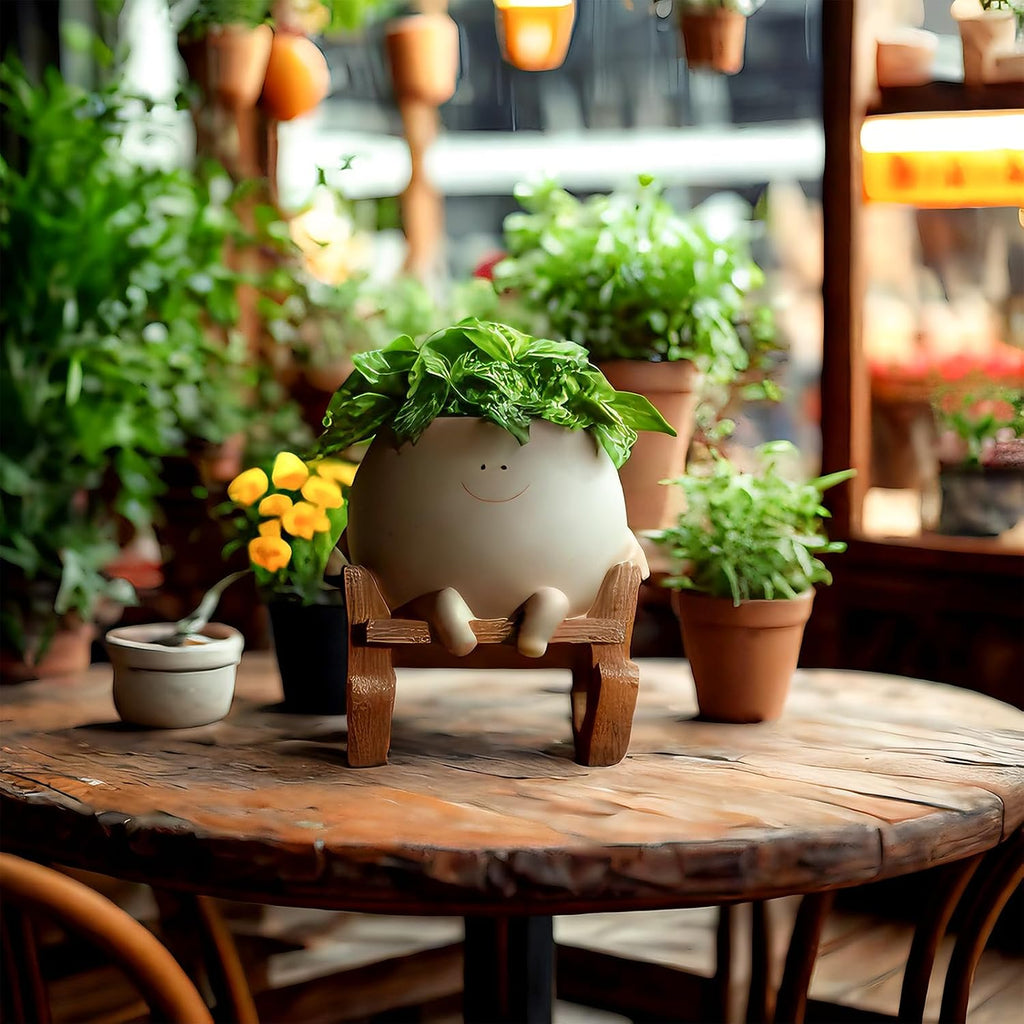 Large Smily Face Planter Pot Cute Smile Flower Planter for Indoor Outdoor, Resin Rocking Chair with Drainage Hole