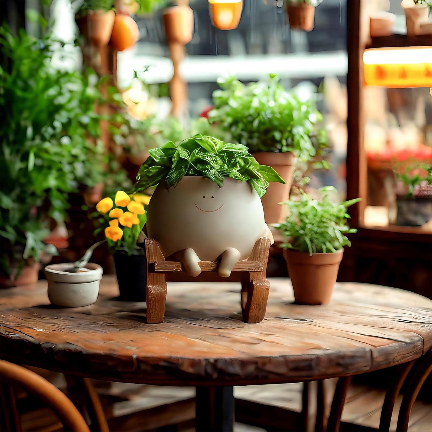 Large Smily Face Planter Pot Cute Smile Flower Planter for Indoor Outdoor, Resin Rocking Chair with Drainage Hole