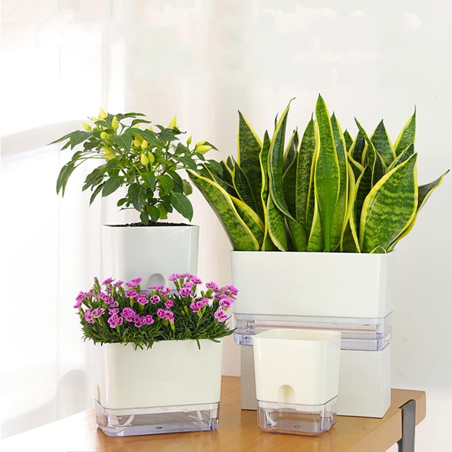 FAMZ Self Watering Pots for Indoor Plants 4 Pack White Self Watering Planters with Water Reservoir and Cotton Wick