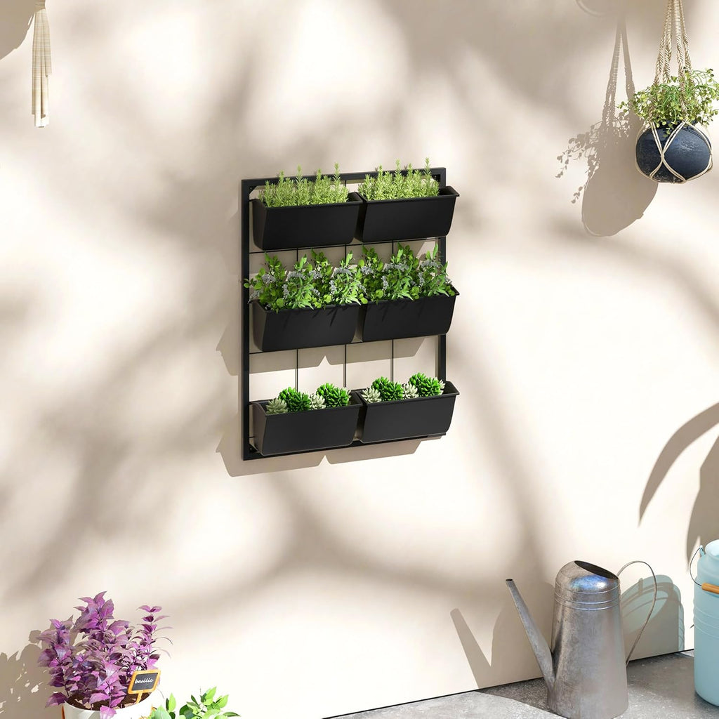 Outsunny 3-Tier Wall Planter w/ 6 Pots, Outdoor Hanging Planter, Black | Indoor Outdoor Use, Self-Draining