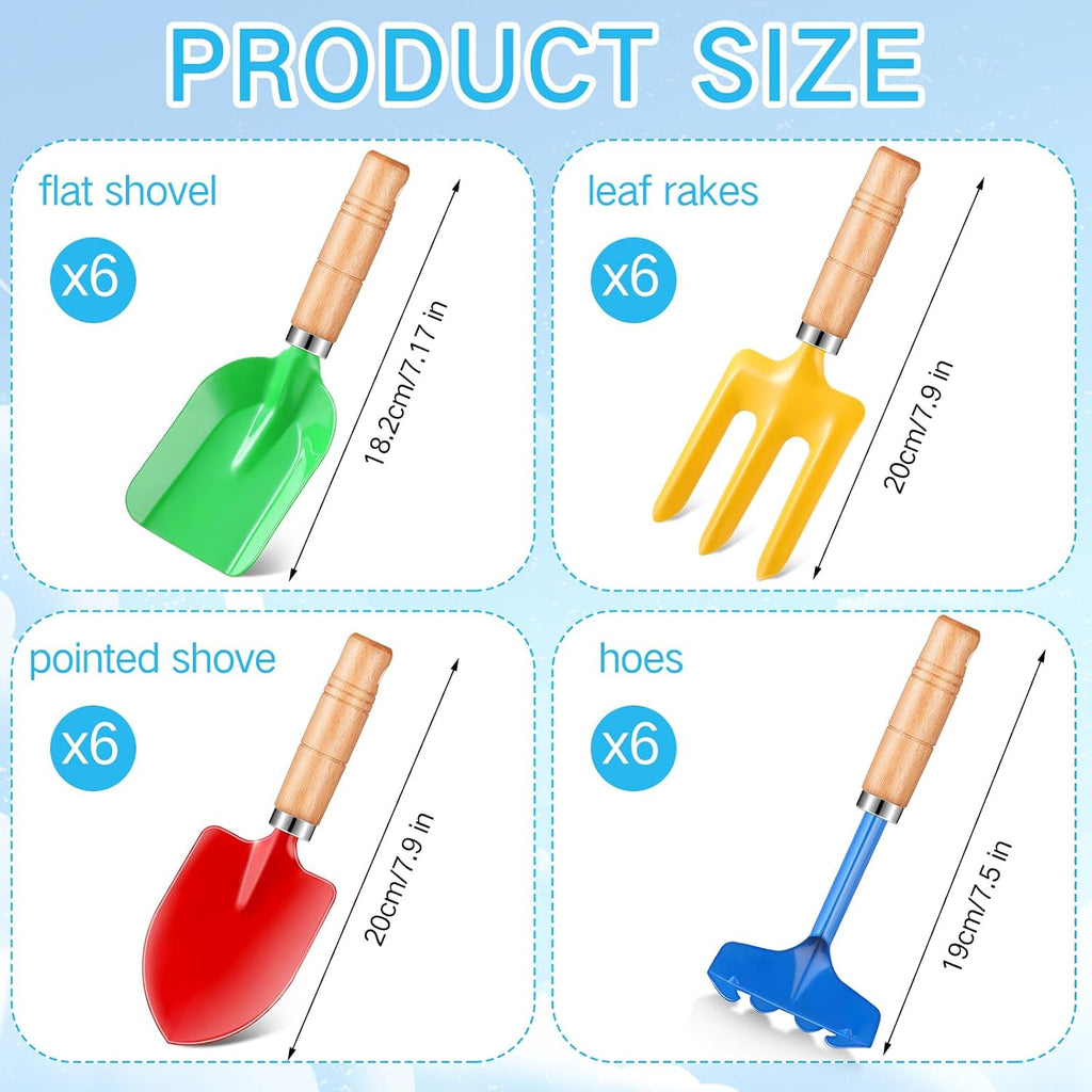 24 Pcs 8" Kids Gardening Tools, Metal Beach Sandbox Digging Toys with Wooden Handle, Including Shovel, Rake, Fork and