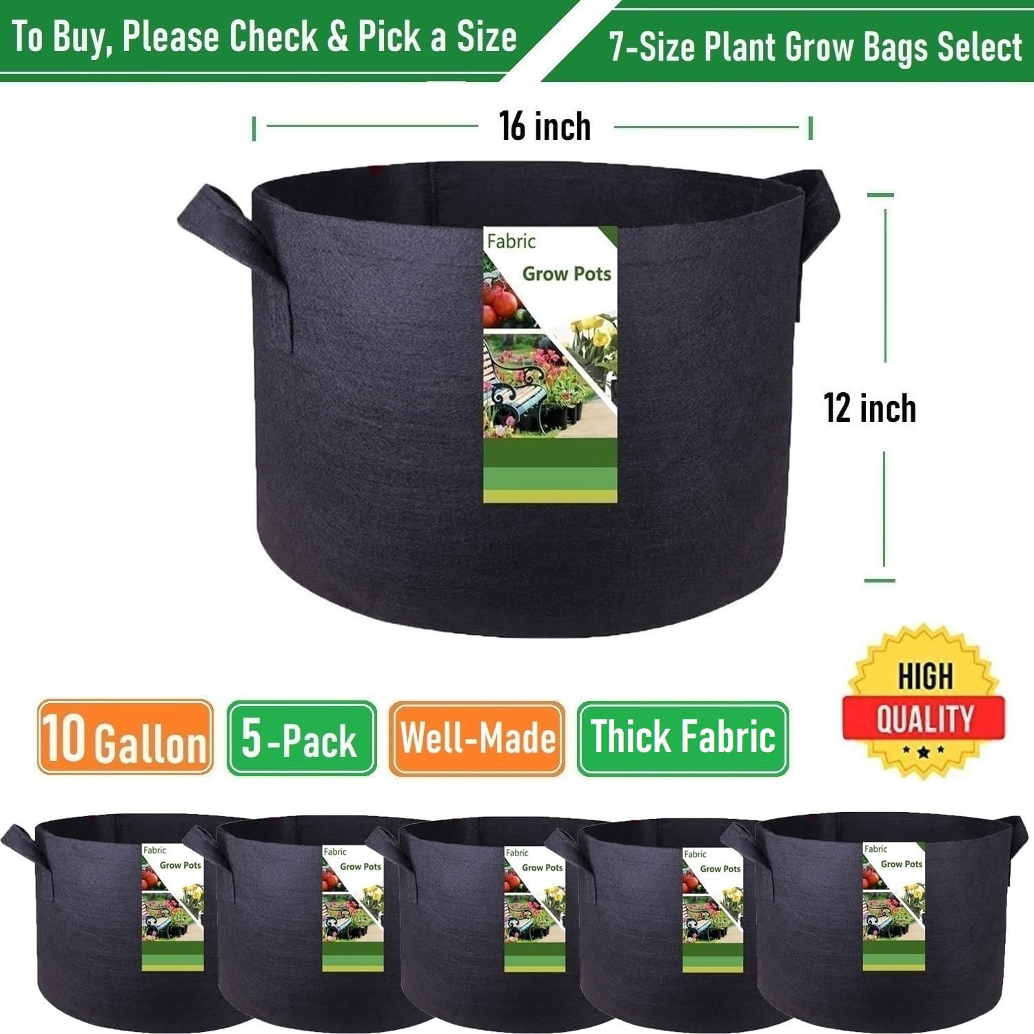 5-Pack 10 Gallon Thickened Plant Grow Bags (16x12 in) Fabric Plant Pots for Tomato,Potato Planters,Herbs Veggies