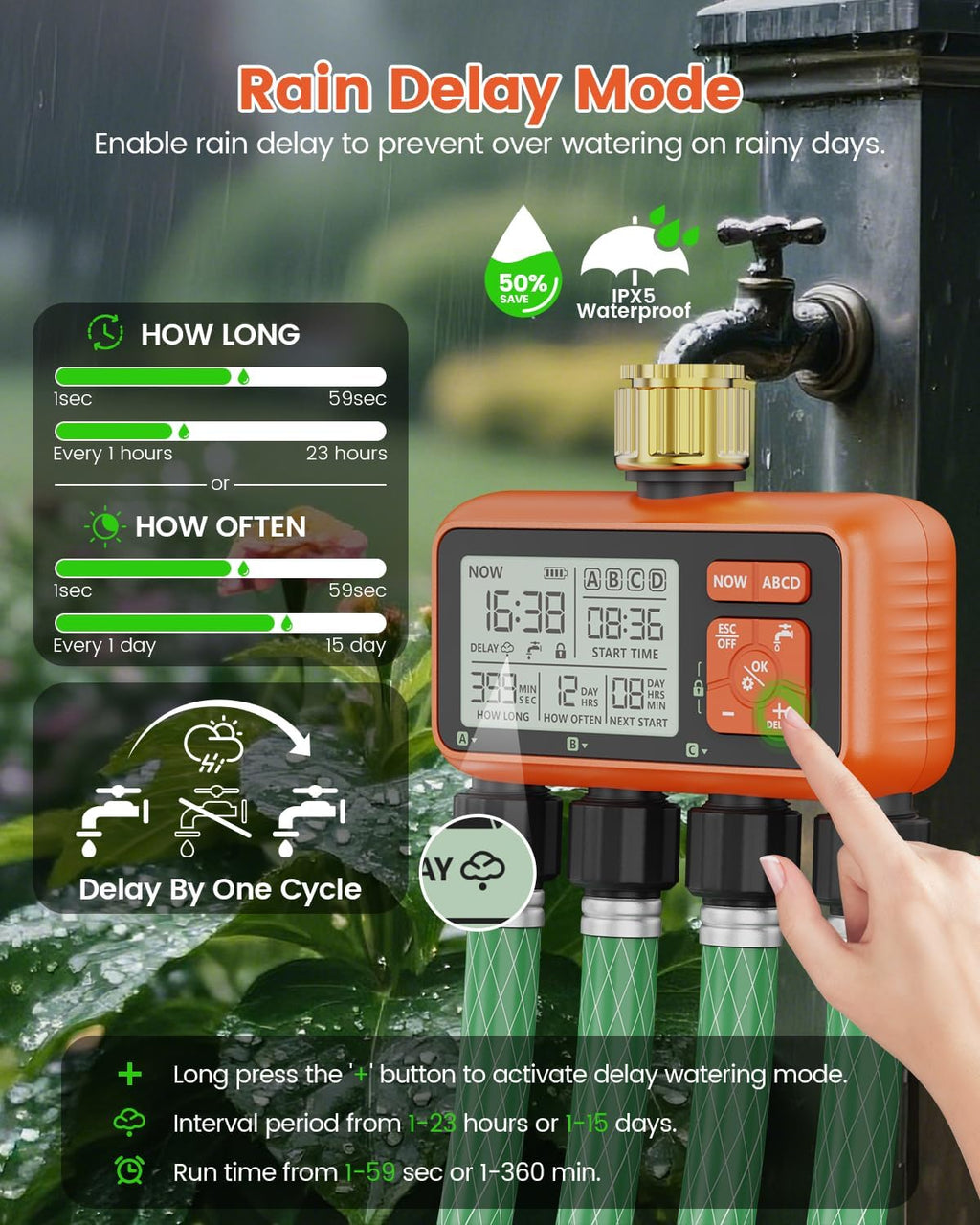Sprinkler Timer 4 Zone with Brass Inlet Water Timer for Garden | Programmable Faucet Controller with Independent Zone