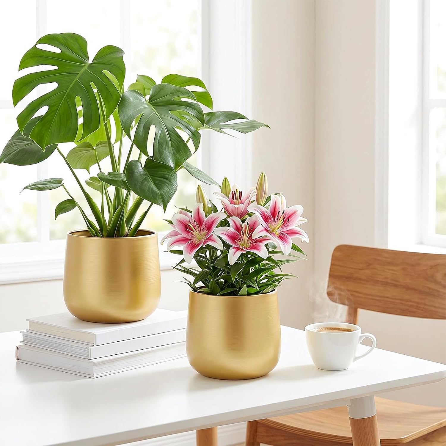 6.3" Gold Metal Plant Pots with Drainage Hole & Liner for Indoor Plants | Brushed Gold Anti-Rust Metal Finish, Stable