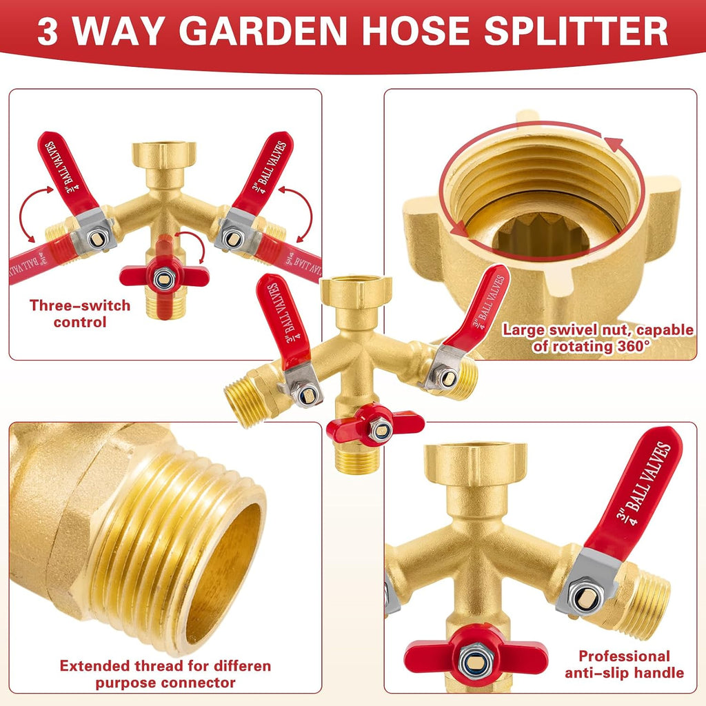 High Flow 3 Way Hose Splitter, Heavy Duty Brass Garden Hose Splitter,Water Hose Spigot Splitter with Easy-Grip Metal