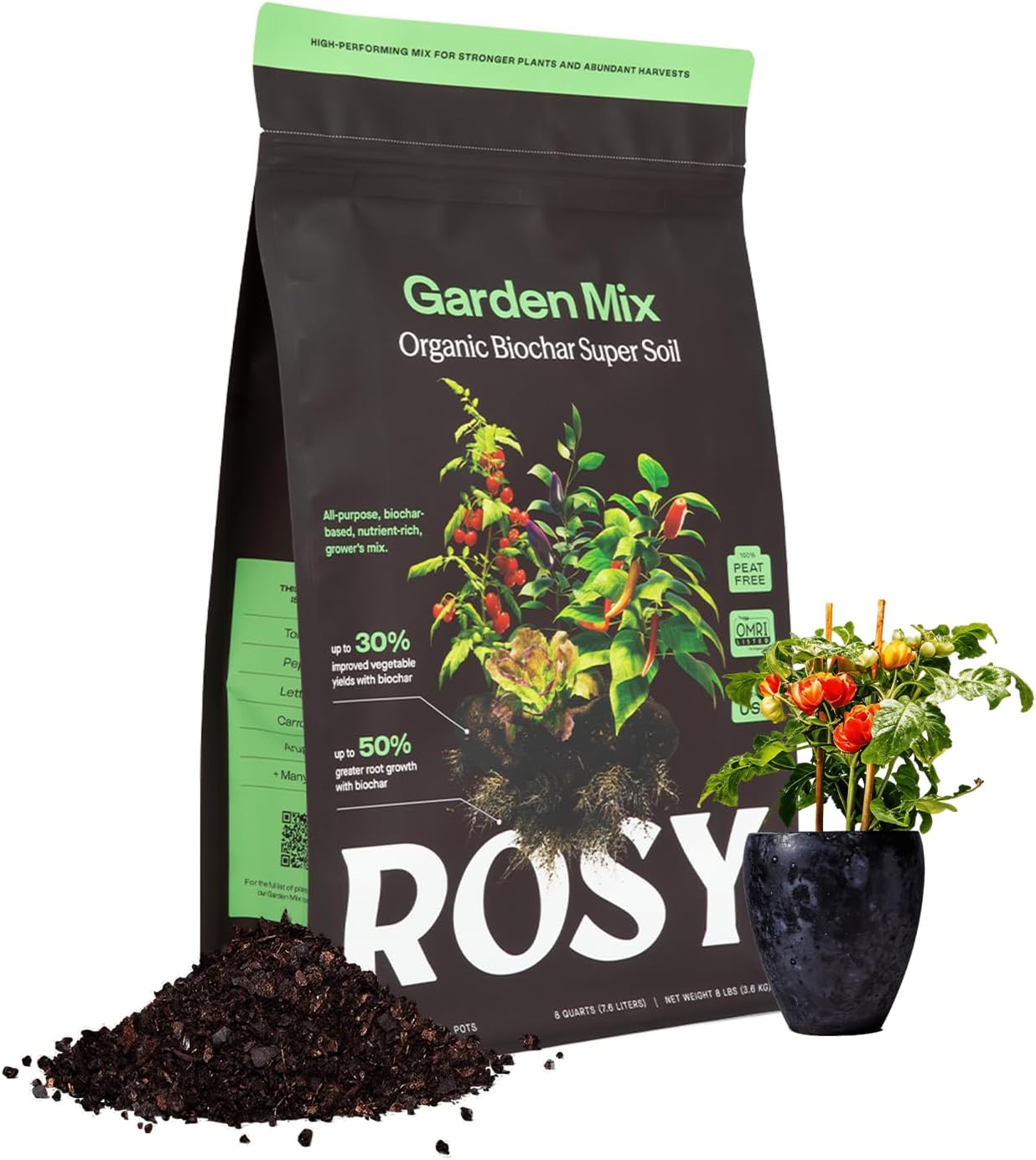 Rosy Soil Garden Mix Biochar Potting Soil for Outdoor Plants, 8 Quart | Organic Garden Soil with Worm Castings for