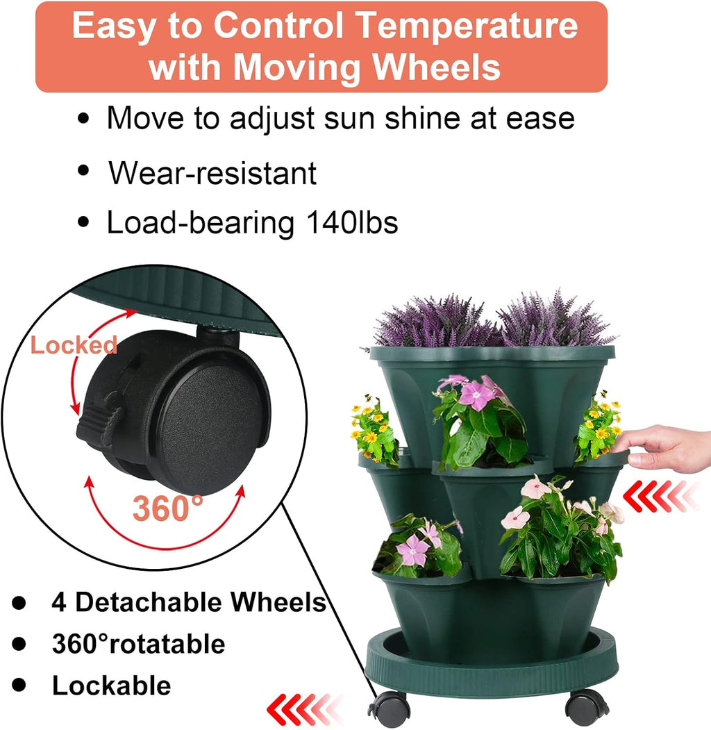 DUNCHATY Stackable Planter, Vertical Garden Planter with Wheels and Tools, Self Watering Strawberry Planter
