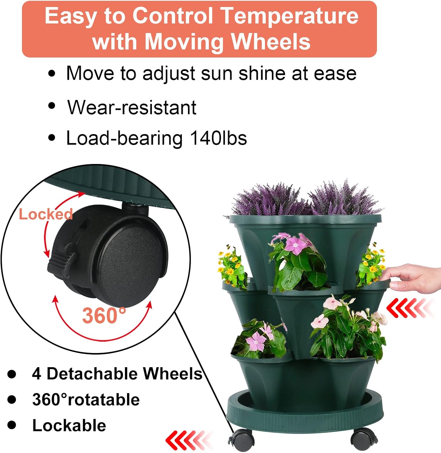 DUNCHATY Stackable Planter, Vertical Garden Planter with Wheels and Tools, Self Watering Strawberry Planter