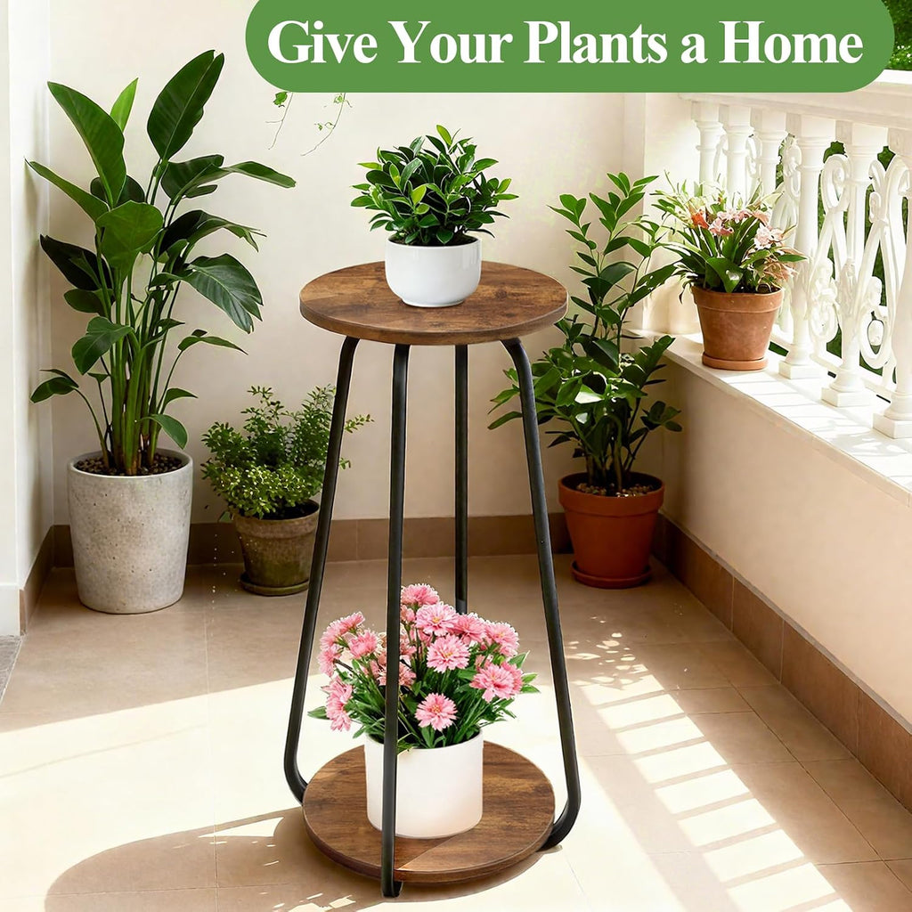 Plant Stand Indoor, 2 Tier Metal Wood Plant Shelf for Living Room | Round Plant Pedestal Stands Saves Space Flower