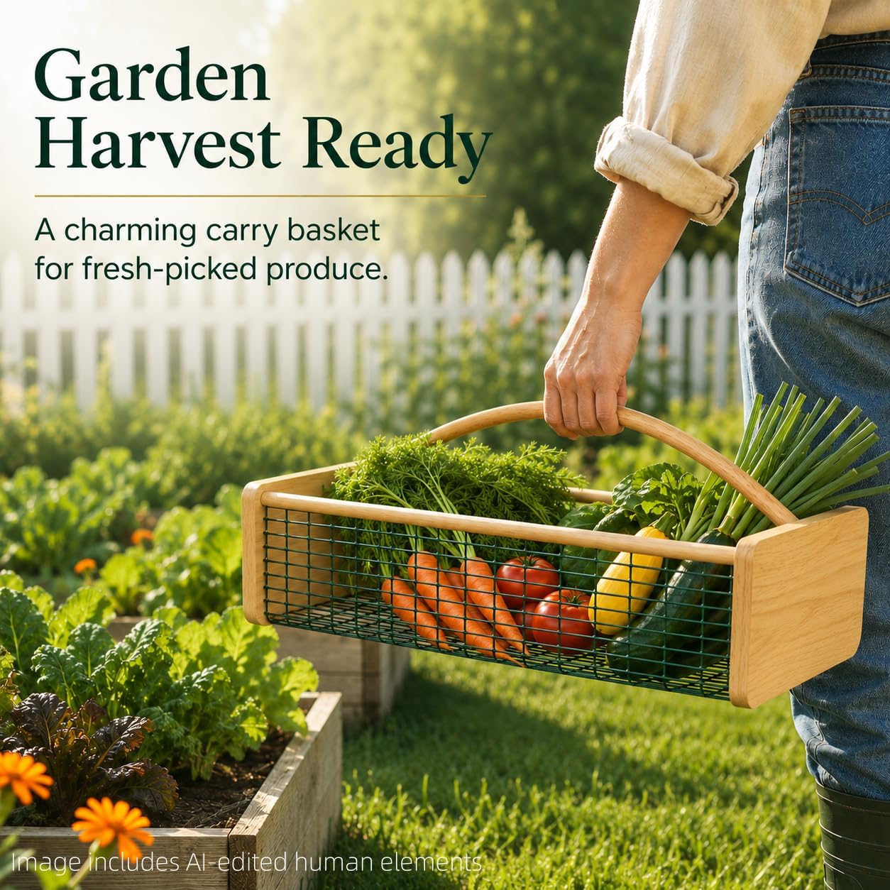 Extra Large Garden Harvest Basket for Vegetables | Wooden Garden Hod with Handle, Coated Metal Mesh Produce Caddy for