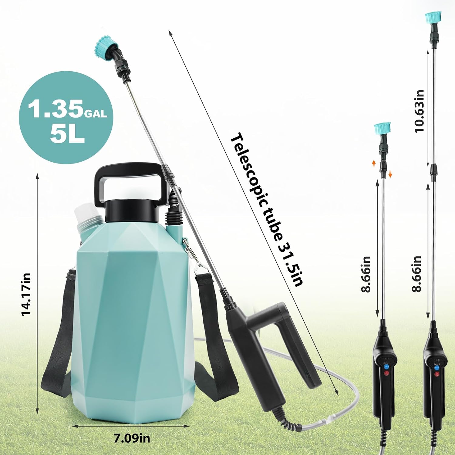 1.35 Gallon Battery Powered Sprayer, Electric Garden Sprayer with 3 Adjustable Pressures, Battery Indicator, Telescopic